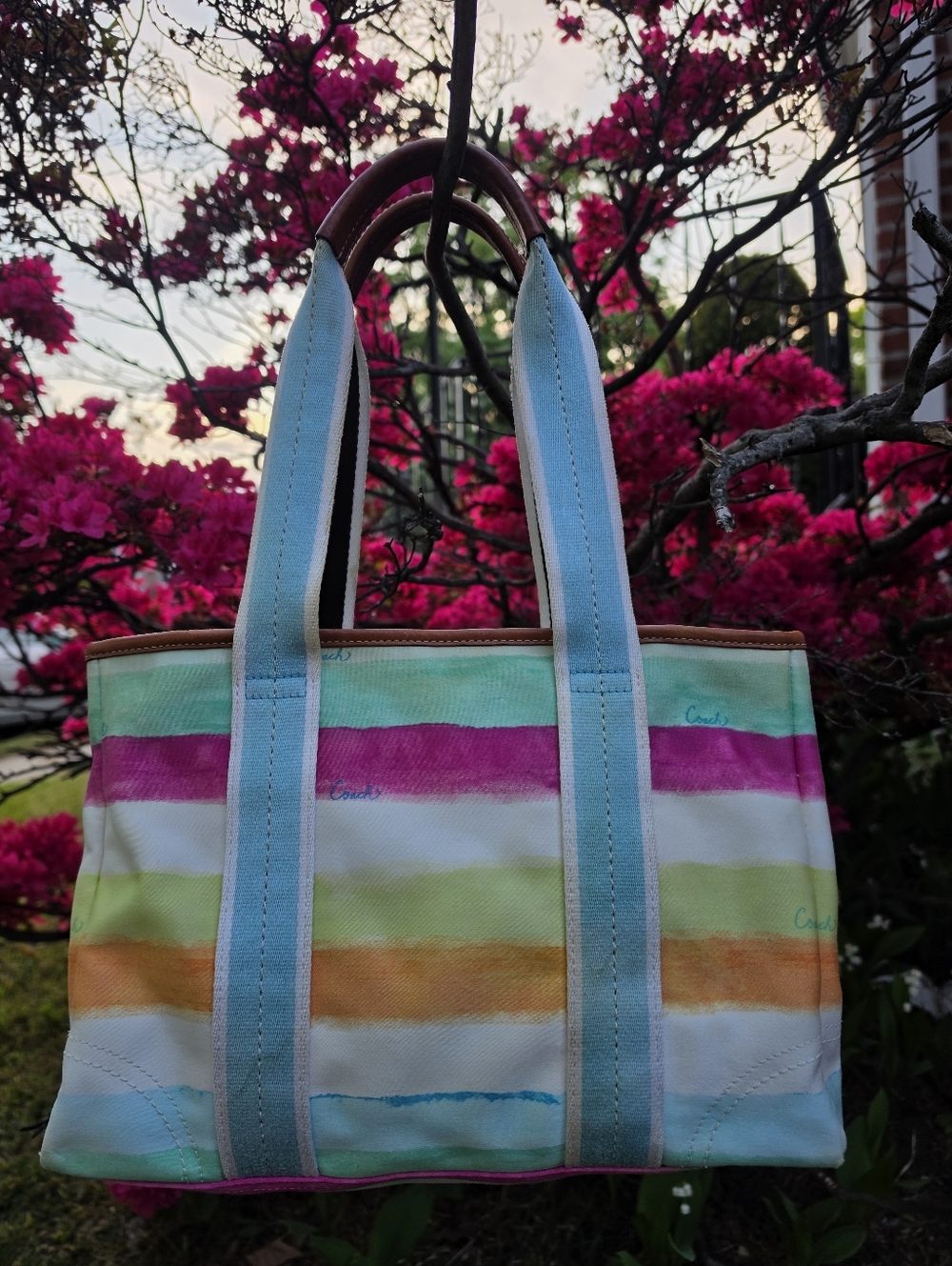 Coach Watercolor Pastel Stripe Canvas Leather Trim Hampton Tote Bag. - Picture 3 of 15